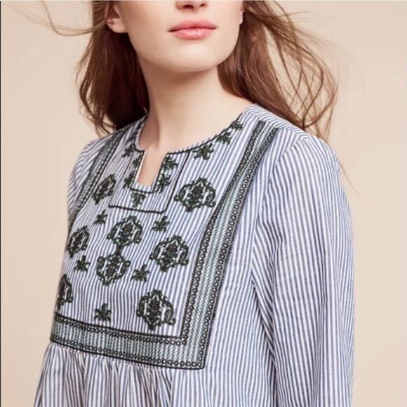 Lili's Closet Anthropologie Blue White Stripe Embroidered Cotton Dress - Small - Picture 3 of 11